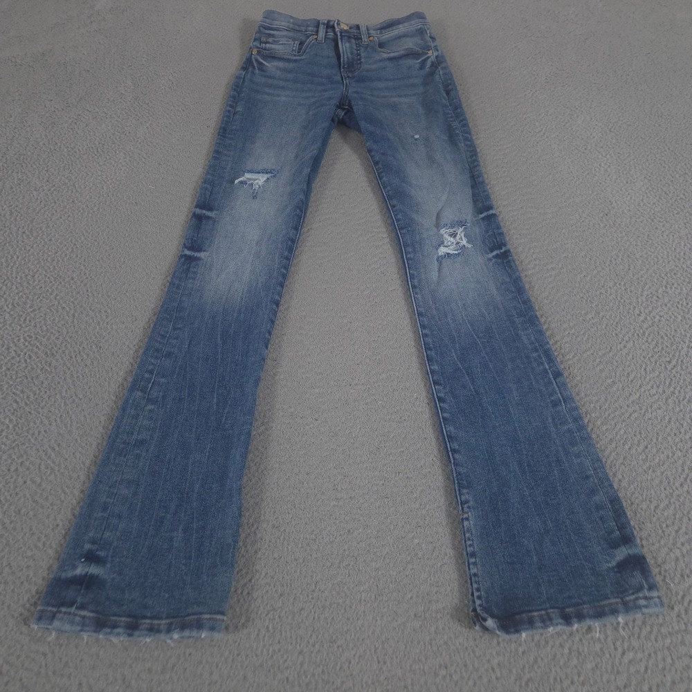 Express Jeans Womens 0R Blue Skyscraper Distressed Denim Flare Leg Mid Rise Pant